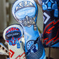 Set of Top Gun Ice Man themed golf headcovers featuring fighter pilot helmet designs in blue, white, red, and black colors.