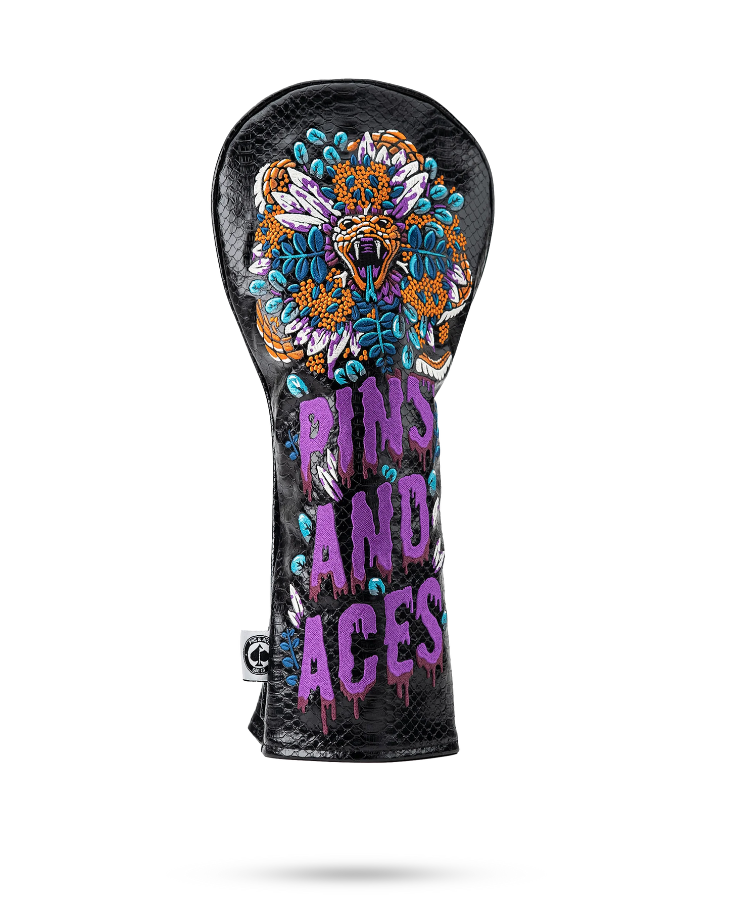Venom Fairway Cover featuring a vibrant design with a snake and floral elements, labeled "PINS AND ACES.