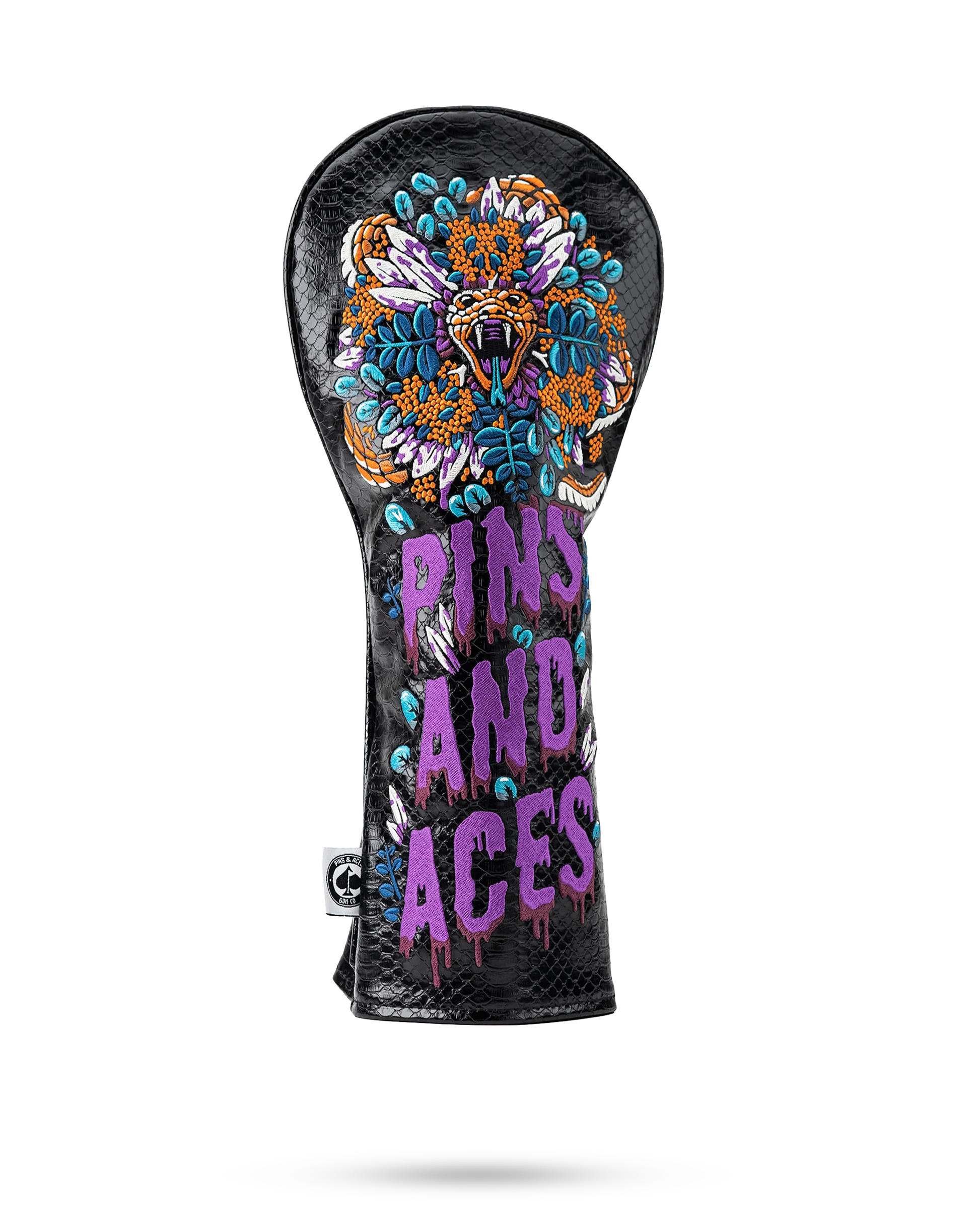 Venom Fairway Cover featuring a vibrant design with a snake and floral elements, labeled "PINS AND ACES.