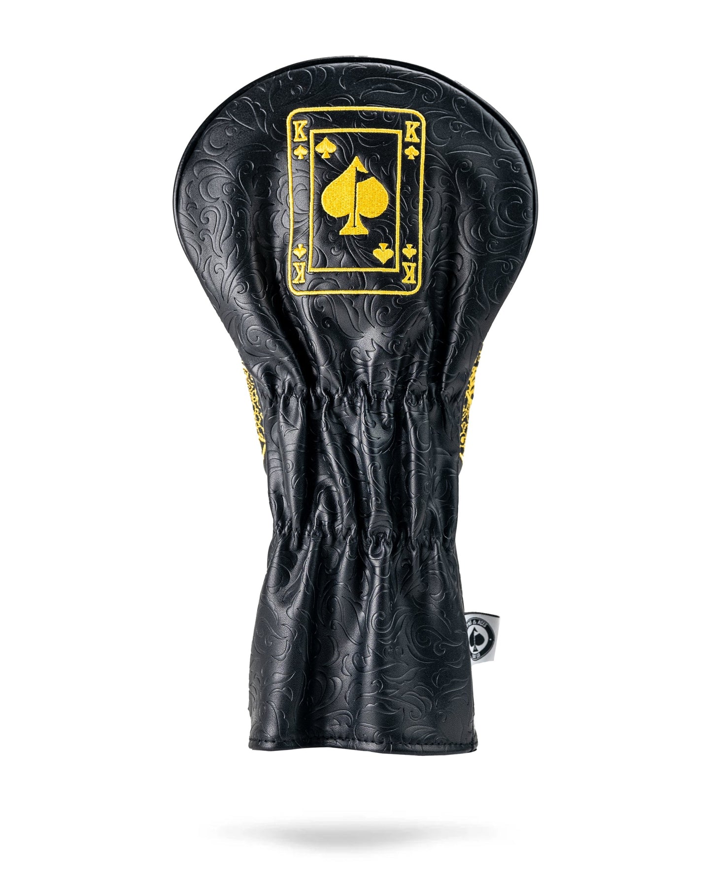 Black and gold King of Spades driver cover with intricate design and plush texture.