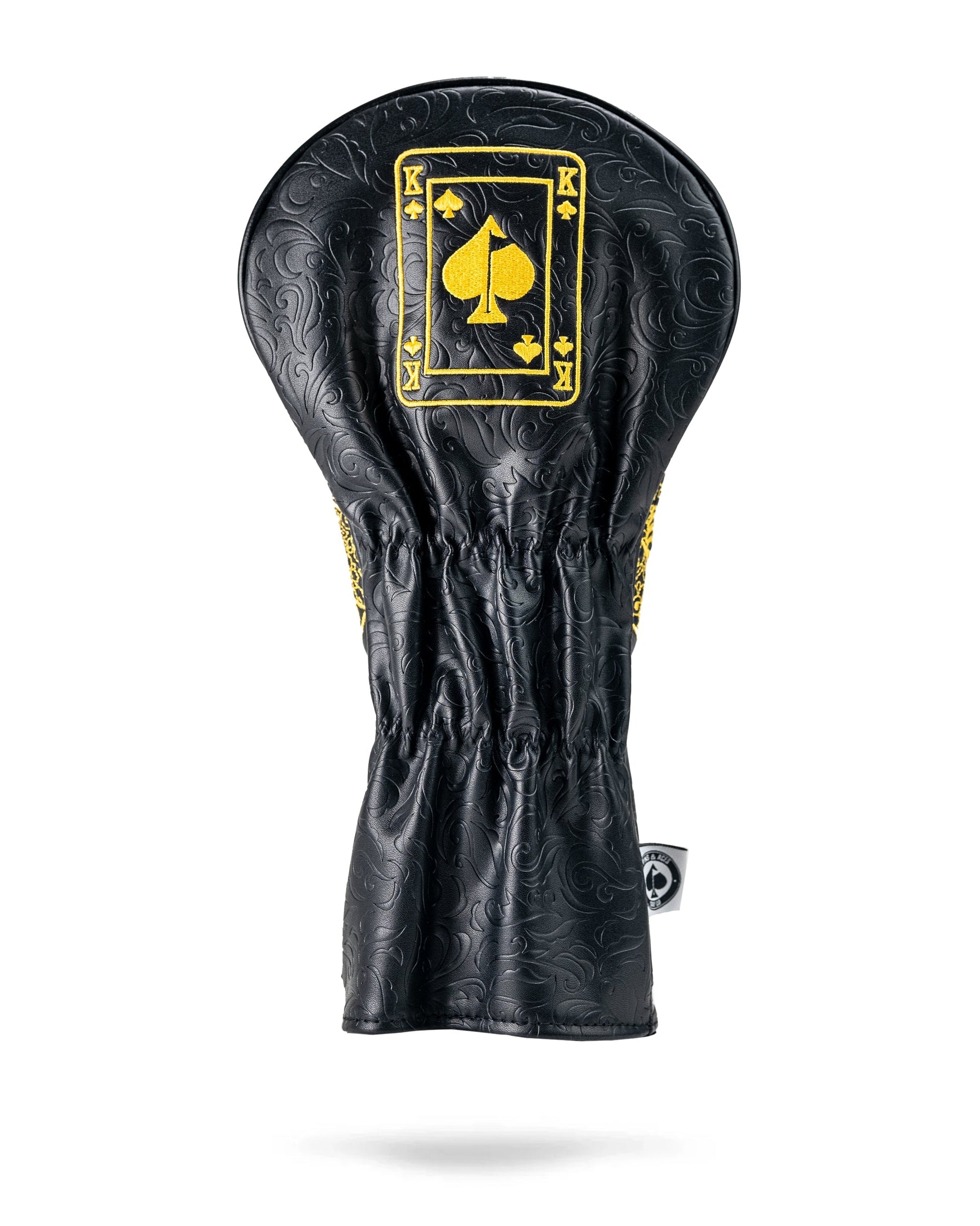 Black and gold King of Spades driver cover with intricate design and plush texture.