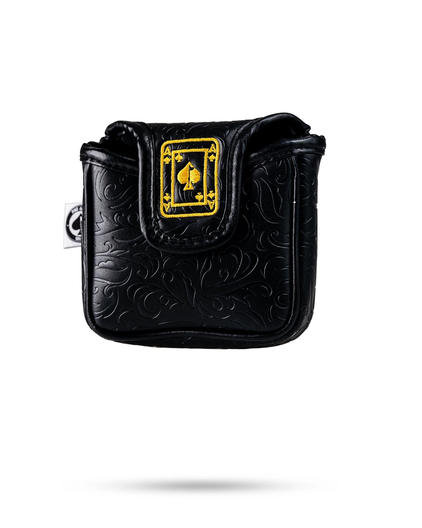 Black and gold Ace of Spades mallet putter cover with a sleek design and plush interior for golf clubs.
