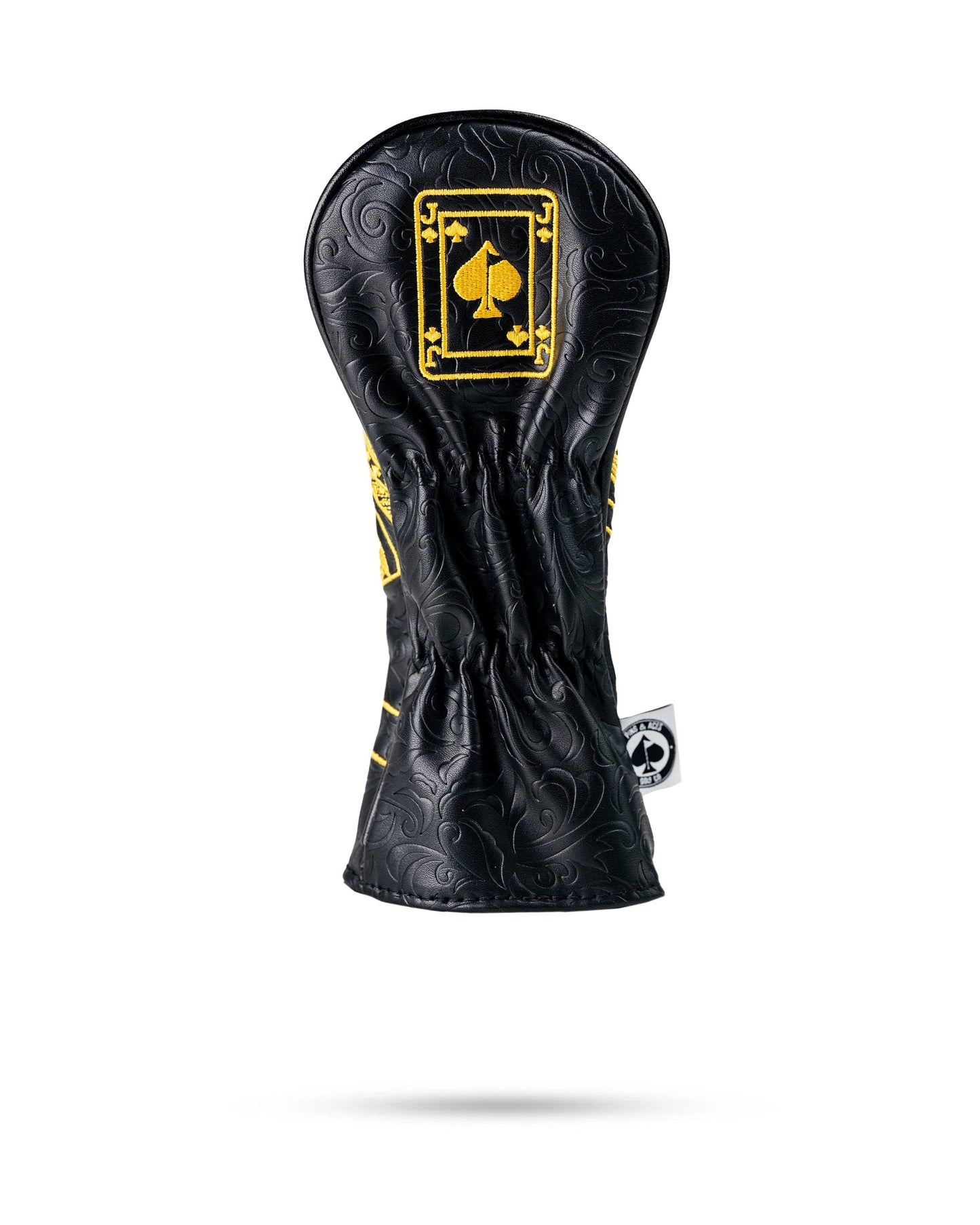Black and gold Jack of Spades hybrid golf club cover featuring a stylish design and durable material.