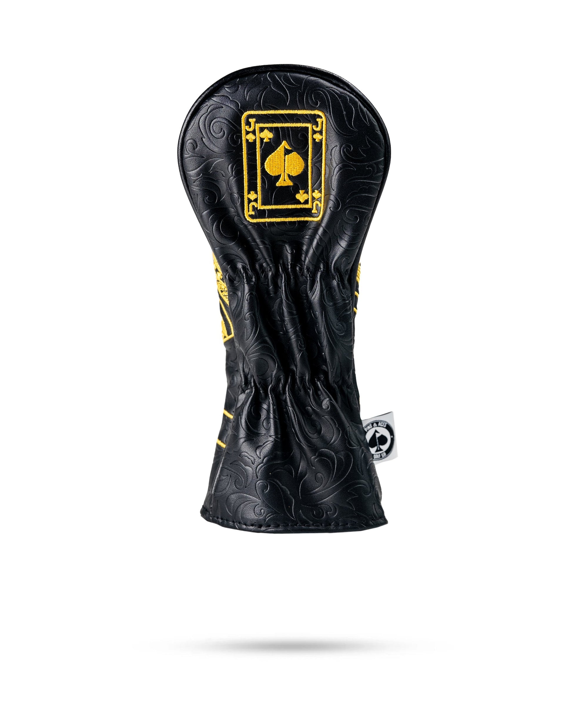 Black and gold Jack of Spades hybrid golf club cover featuring a stylish design and durable material.