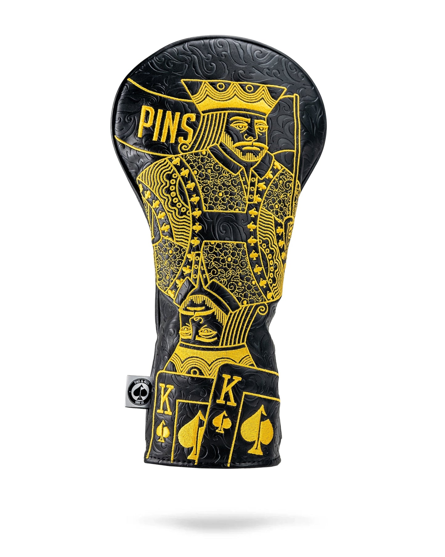 Black and gold king of spades driver cover with a sleek design and luxurious finish.