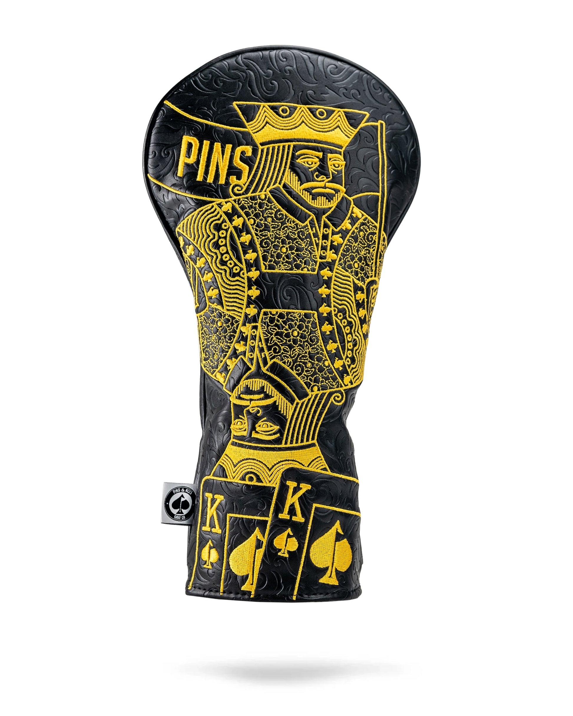 Black and gold king of spades driver cover with a sleek design and luxurious finish.