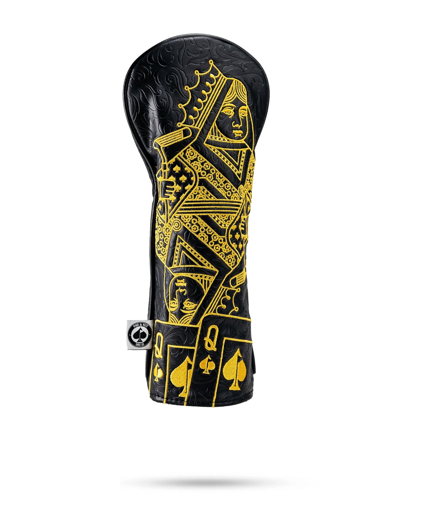 Black and gold Queen of Spades fairway cover for golf clubs, featuring a stylish design.