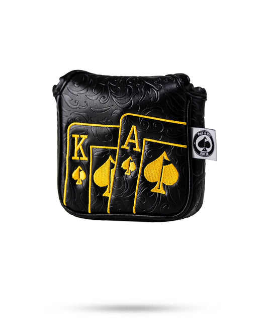 Black and gold Ace of Spades mallet putter cover, featuring a sleek design with the Ace of Spades symbol prominently displayed.