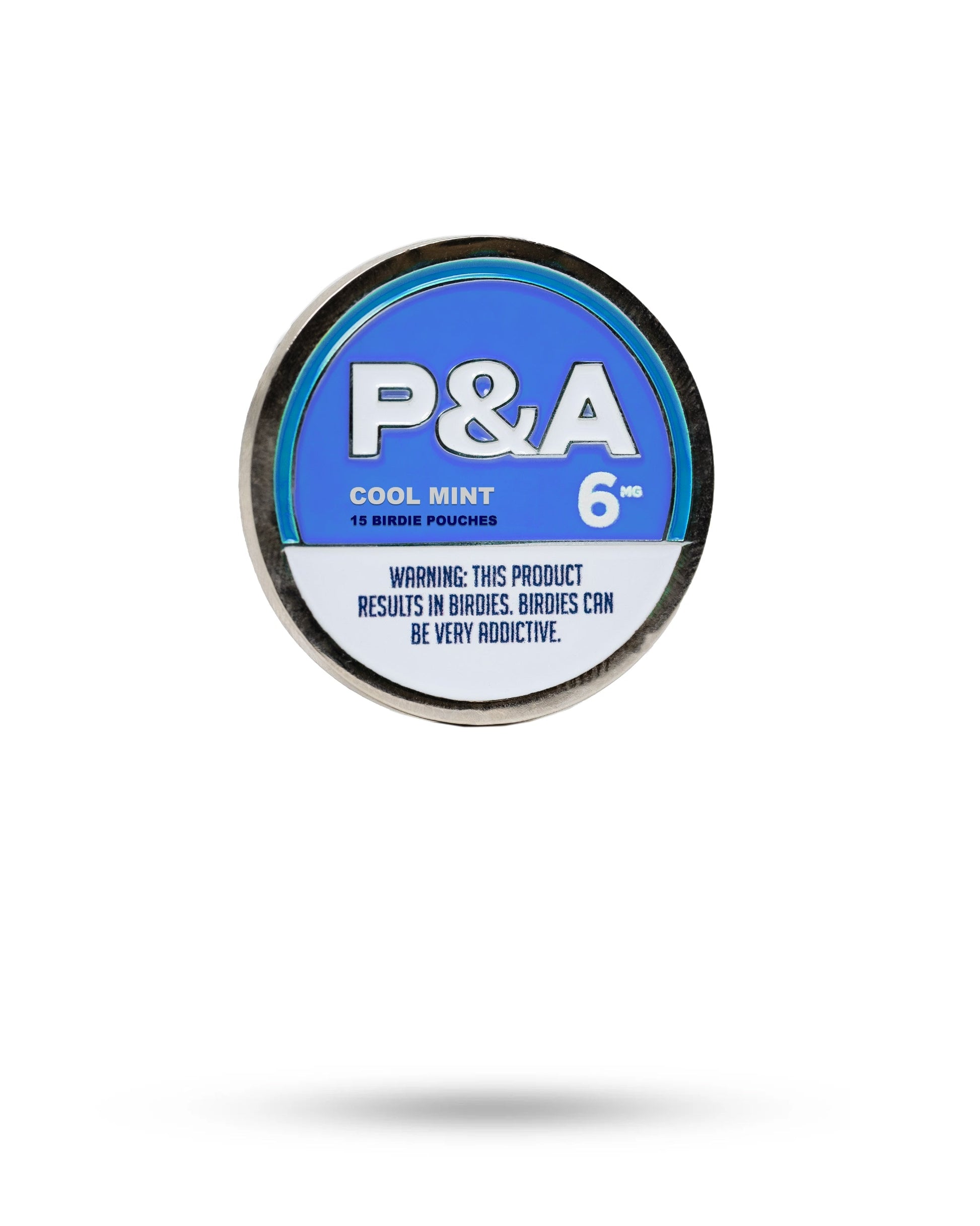 "P&A Cool Mint 6 Milly ball marker tin with warning label about addiction and 15 birdie pouches.