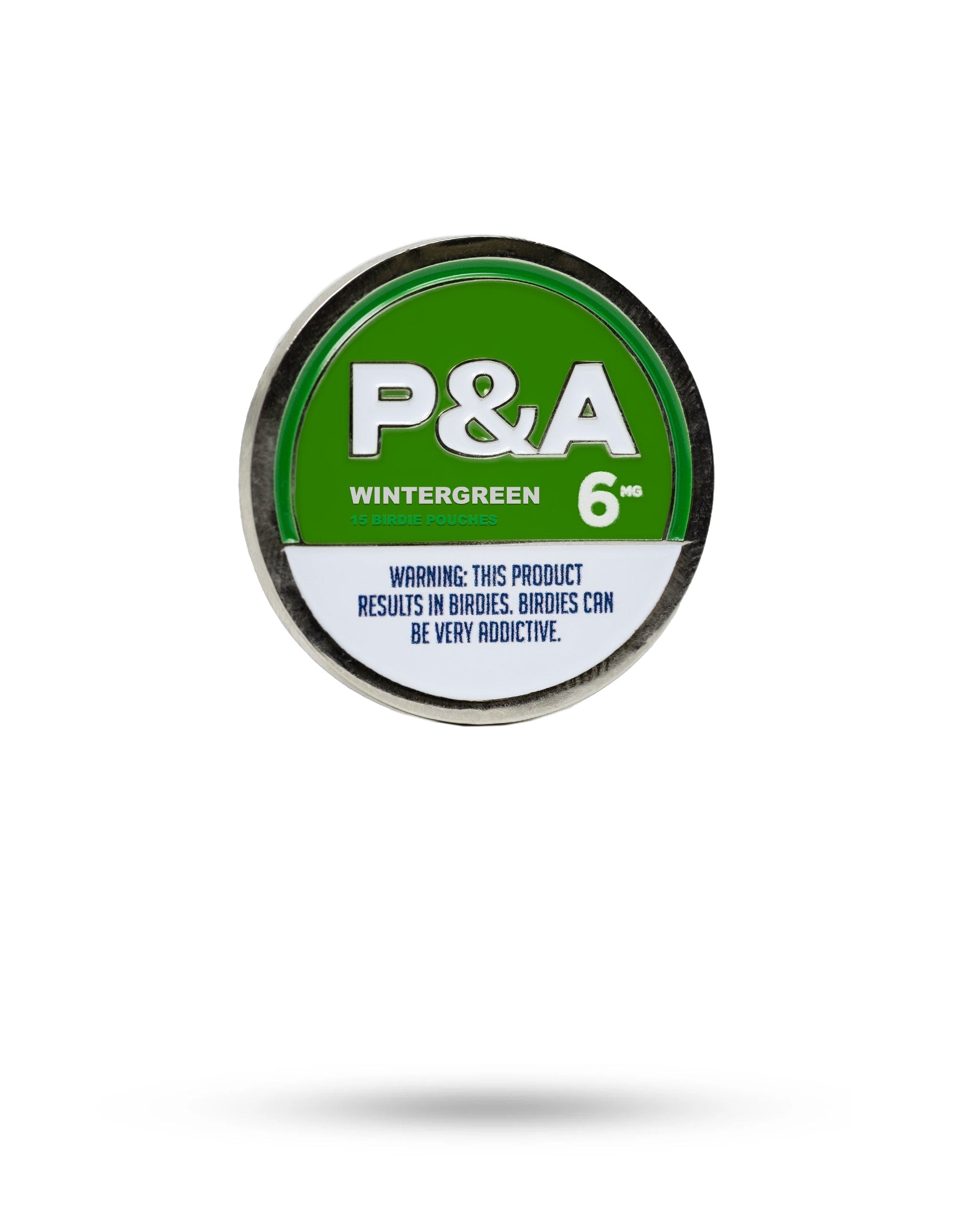 Alt Text: "P&A Wintergreen 6 mg ball marker displayed on a white background, featuring a vibrant green label with white text and a warning about the product's addictive nature. The marker contains 15 birdie pouches."