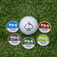 "6 Milly Cool Mint ball marker with four other flavors on green turf, featuring P&A branding.