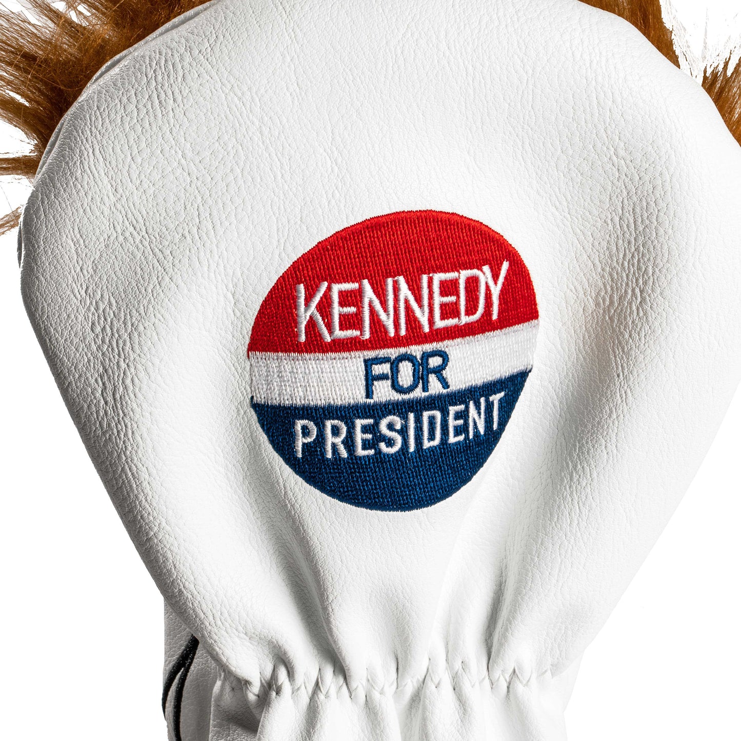 Wooden golf driver cover featuring a design inspired by John F. Kennedy, showcasing his iconic profile and signature in a stylish, vintage style.